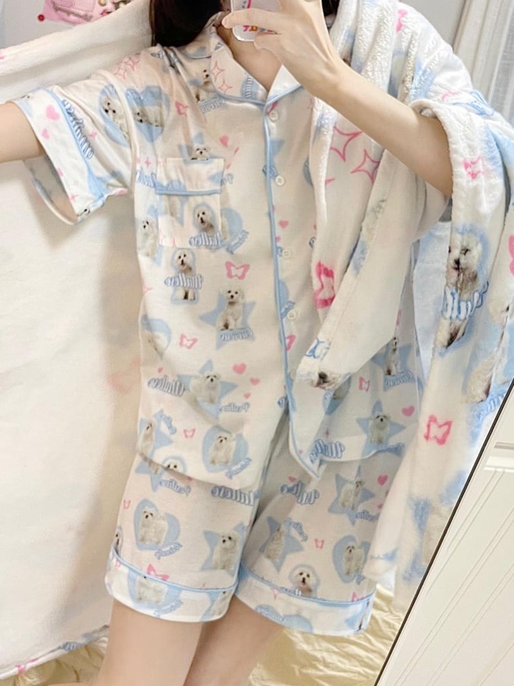 White Blue Cute Puppy Print Pajama Set