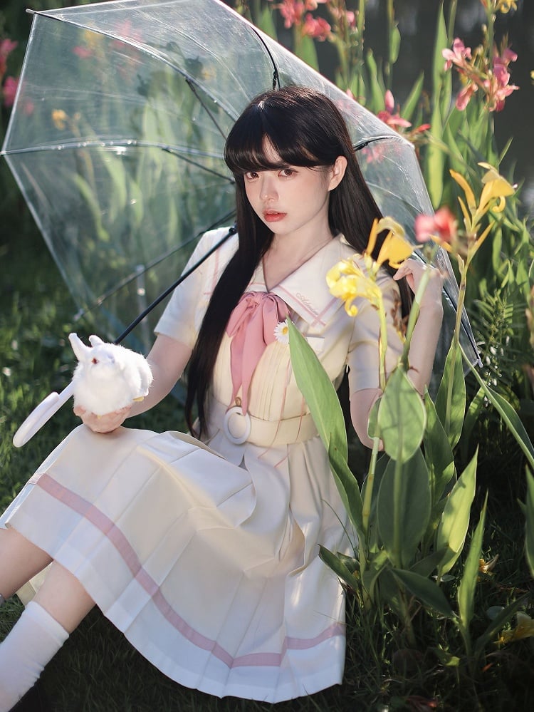 with Pleat Box Sailor Yellow Milk Waist Dress Skirt Collar Belt