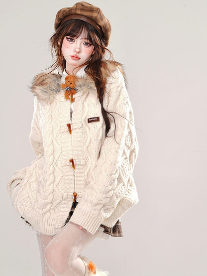 Apricot/Coffee Plush Trim Hood Loose Cardigan