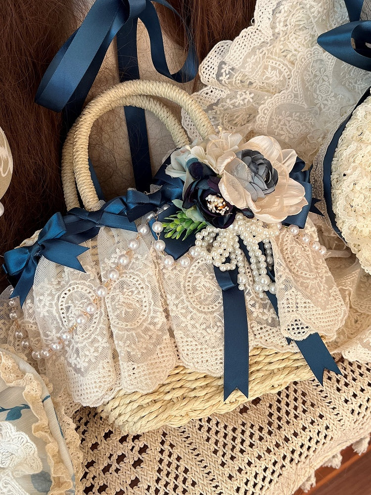 Straw and Bead Floral Tote Design Blue Decoration Chain Bag