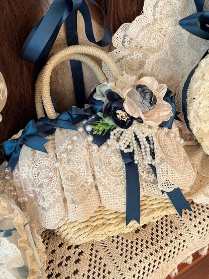 Straw and Bead Floral Tote Design Blue Decoration Chain Bag