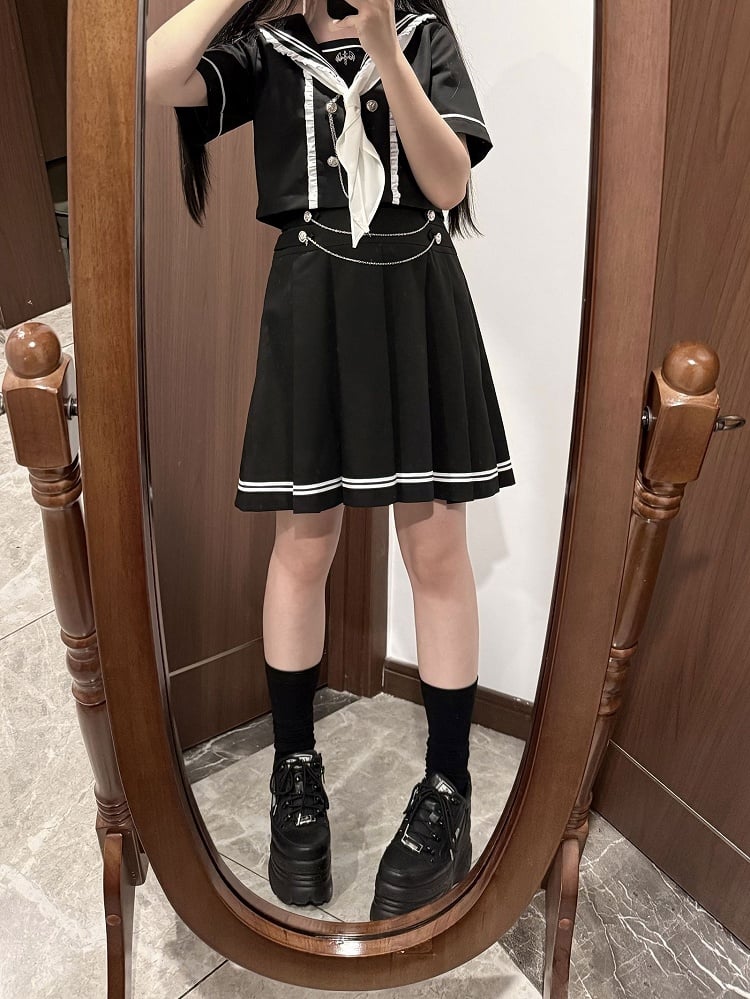 Sleeves Short Pleated Black Navycore JK Top Skirt Sailor Set- + Collar Uniform