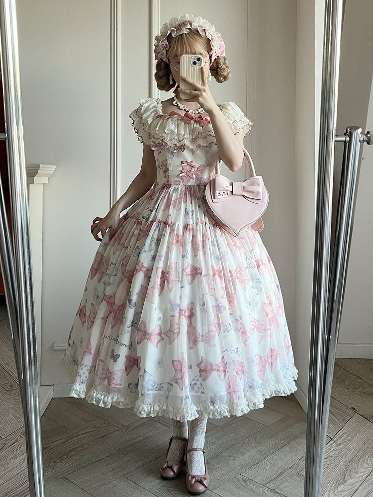 Pink Bows and Butterfly Print Lolita Dress Two Ways Wear Neckline