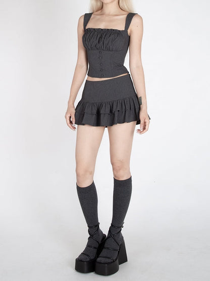Dark Gray Striped Low Waist Tiered Ruffles Glamorous Mini Skirt