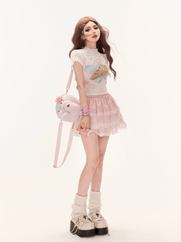 Print Knit T-Shirt White Mock Neck Sweet Bowknot