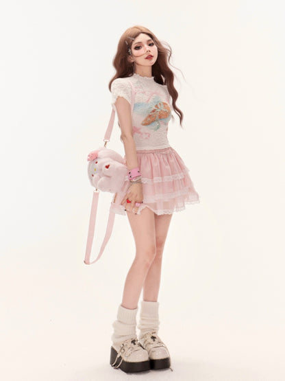 Print Knit T-Shirt White Mock Neck Sweet Bowknot