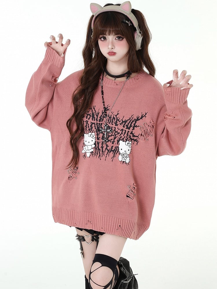 Kitties Print Distressed Holes Watermelon Loose Sweater