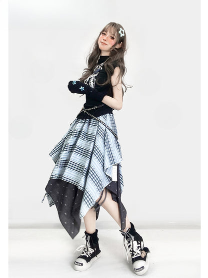 Vintage Dusty Blue Plaid Pattern Handkerchief Hem Glamorous Skirt