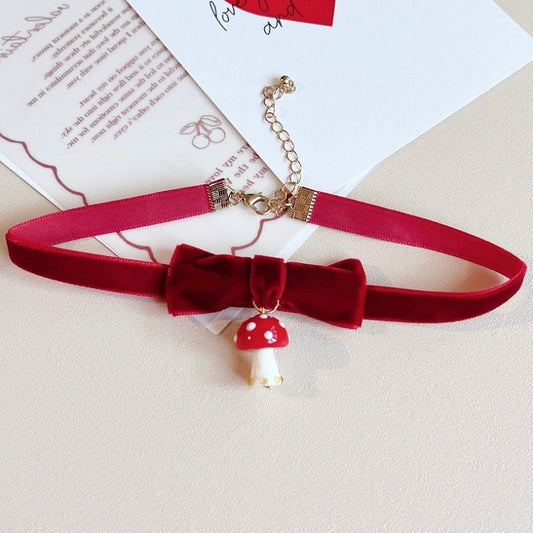 Choker Detail Red Pendant Bowknot Mushroom