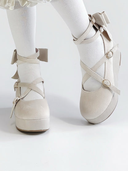 Platforms Crisscross Velvet Toe Round Sweet Bow Design - Wedge Beige Lolita Accent