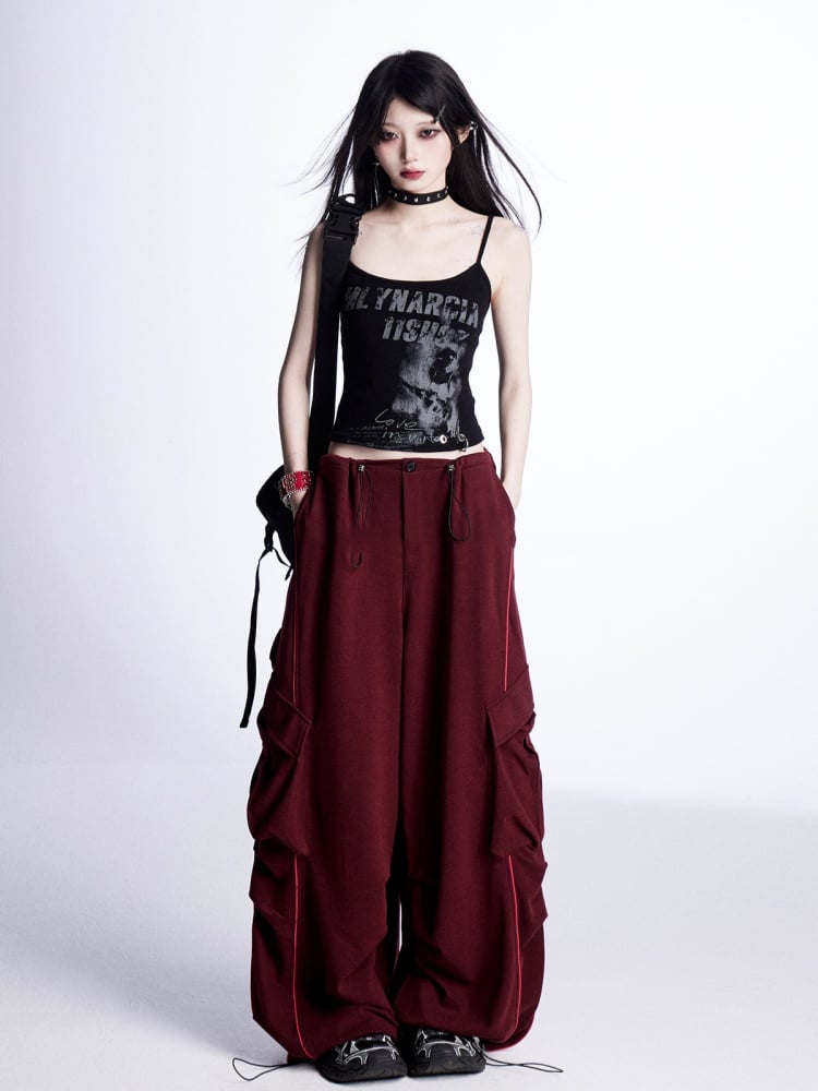 Waist Drawstring Cuffs Wide-Leg Cargo Pants Red Low