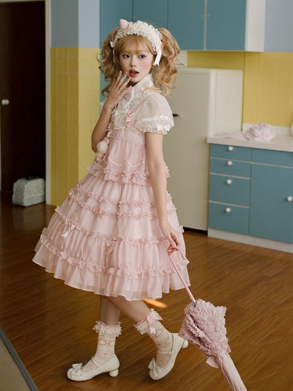 Pink Bow Accents Ruffle Trimming Sweet Lolita Fake Two-pieces Dress