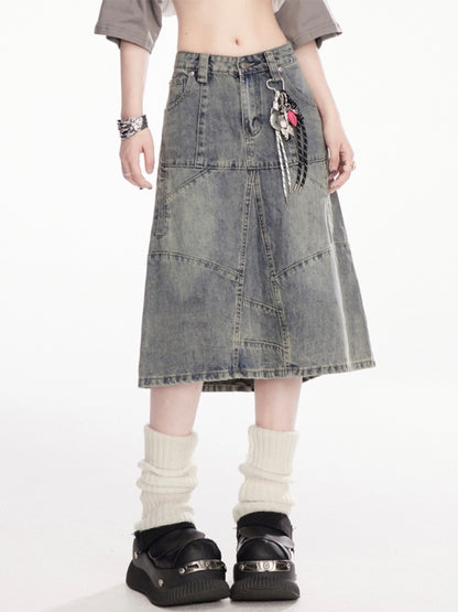 Charm Free Blue Low Rise Faded Wash Distressed Denim Skirt with