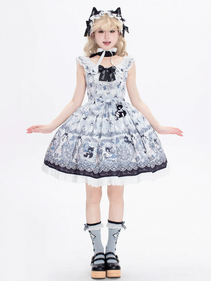 in Wonderland Theme Bunny Sweet Lolita Jumper Print Skirt and Alice Kitty Dress