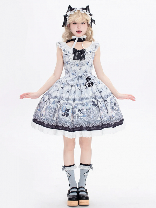in Wonderland Theme Bunny Sweet Lolita Jumper Print Skirt and Alice Kitty Dress