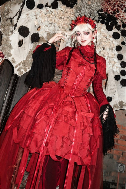 Design Lace-ups with Waist Birdcage Ovarlay Red Lolita Dress Skirt Big and Gothic Bow Corset Detachable
