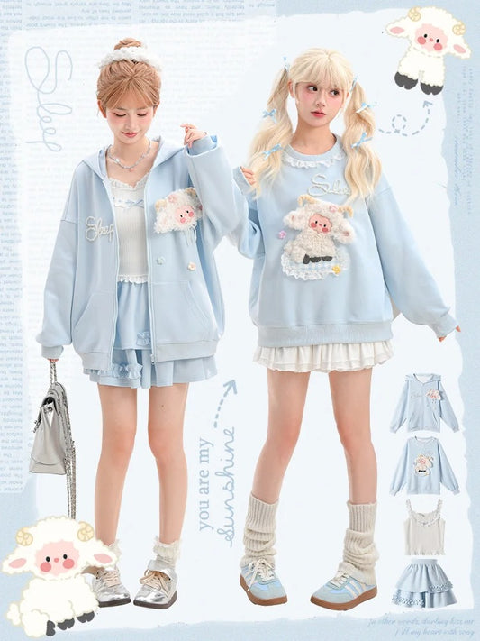 Yume Kawaii Blue Plush Lamb Knitted Floral Sweatshirt