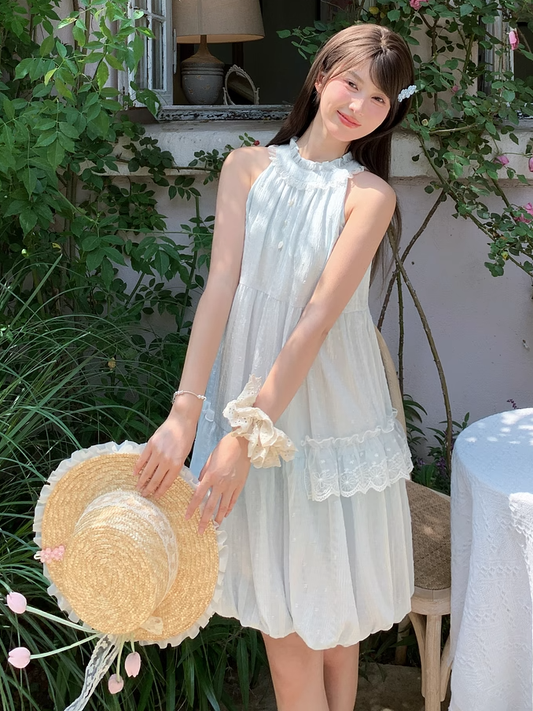 Light Skirt Buttons Sleeveless Dress Halter Neck Bubble Blue Ruffled Bead
