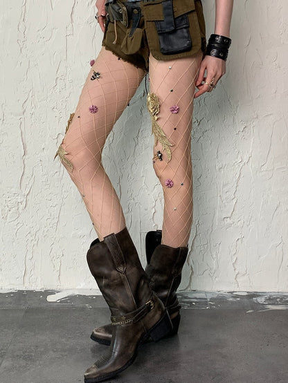 Tights Fishnet Wasteland Floral And Details Star Punk Nude/Black