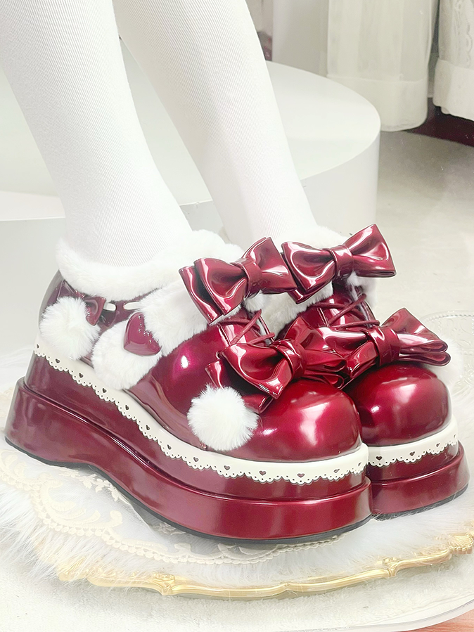 Lolita Wine Red Cute Heart Bowknot Platform Shoes With Pompons