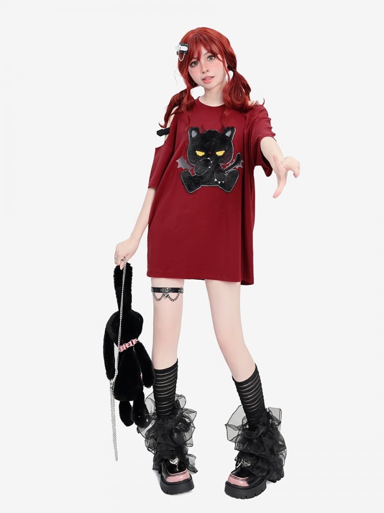 Dark Red Plush Evil Kitty Applique Cutout Shoulder Punk T-shirt