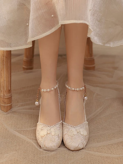 Froschschuhe Akzent Perlen Qi Knöchel Lolita Beige Riemen Knopf Mittelabsatz