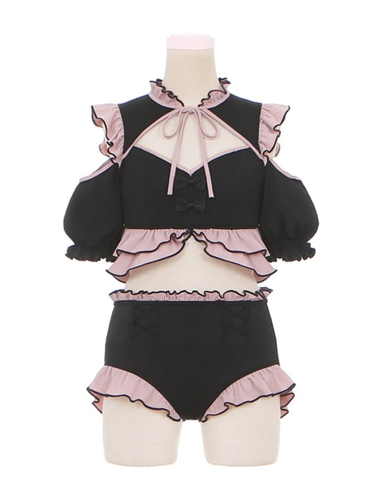 Black Pink Cutout Puff Sleeves Swimsuit