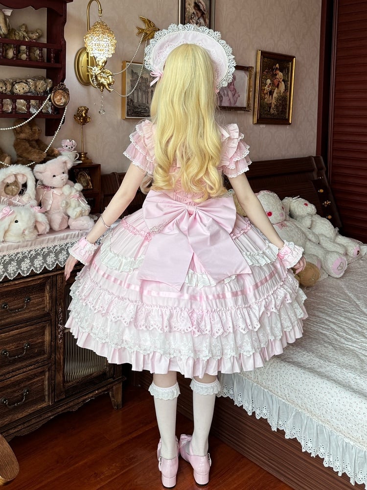 Pink and White Old School Lolita Dress Bows and Heart Shape Decoration Princess Lolita Jumper Skirt