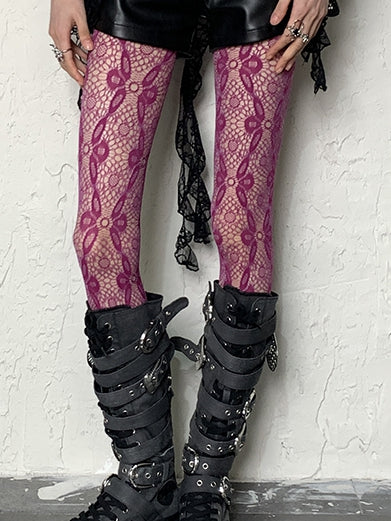 Hollow-out Red Tights Pattern Floral Y2K Rose