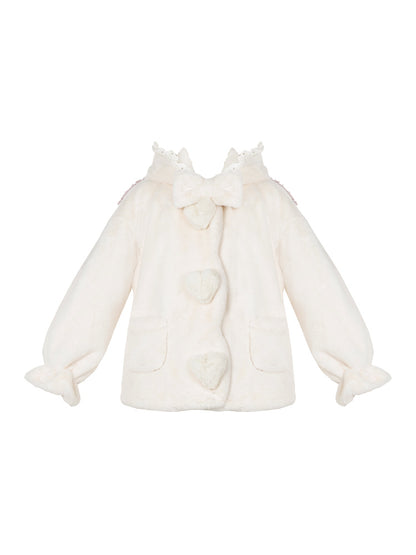 White Cute Lamb Ears Hooded Winter Cozy Plush Coat