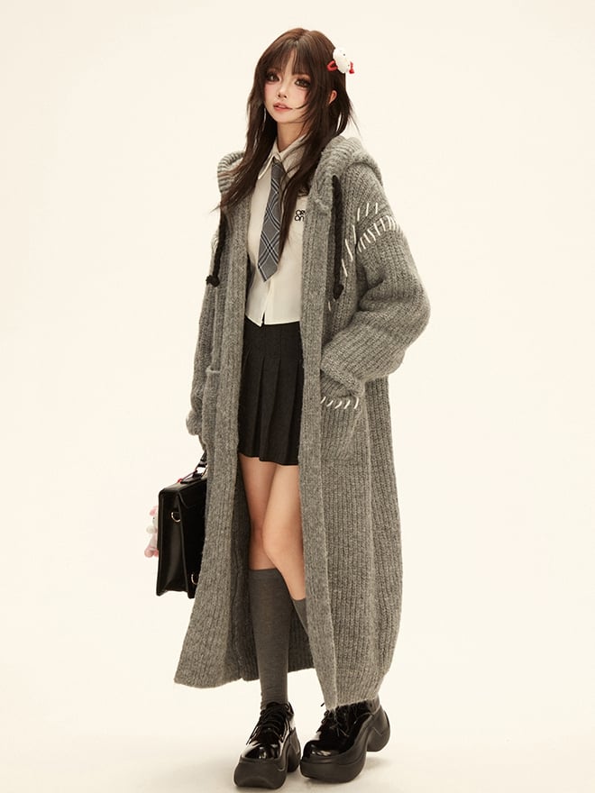 Gray Long Hooded Cardigan
