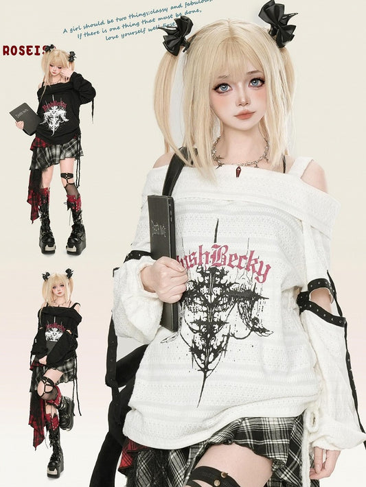 Y2K Black/White Cross Print Cutout Detail Off-the-shoulder Neckline Punk Top