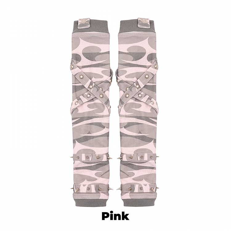 Criss-cross Straps Studded Gloves Black/Gray/Pink