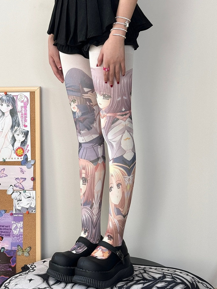 Girl White Cartoon Print Tights