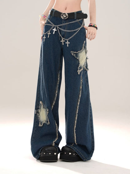 Blue Raw Edge Star Wide Leg Jeans