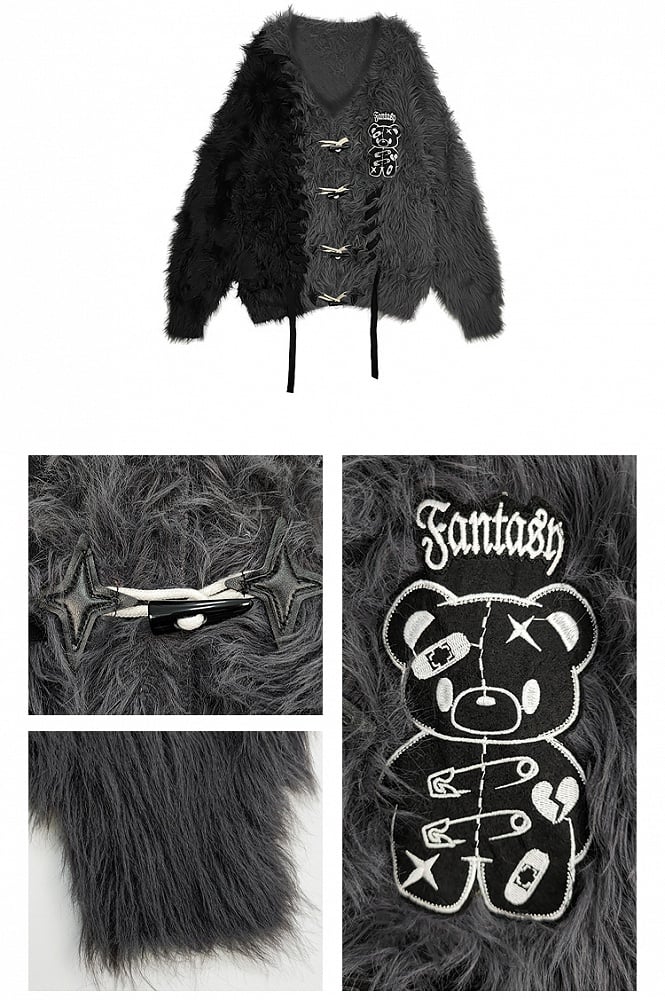 Black and Grey Colorblock Punk Bear Apllique Loose Cardigan