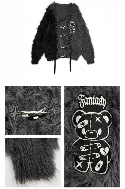Black and Grey Colorblock Punk Bear Apllique Loose Cardigan