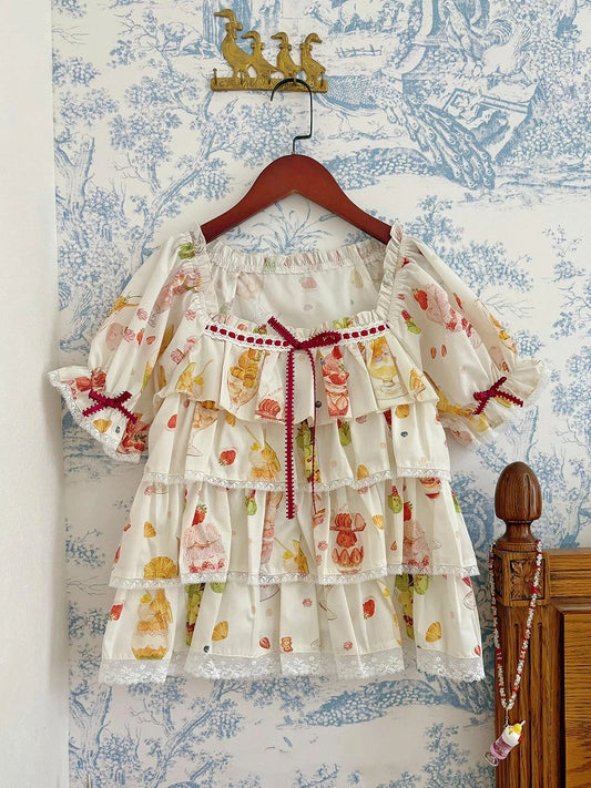 Short Parfait Fruit Top Sleeves Summer Print Cream