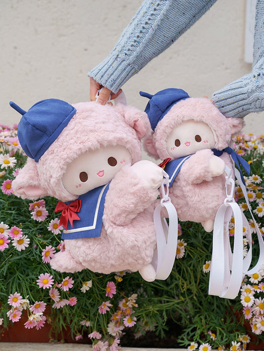 Size Cute Blue Hat Bag Middle/Large Lamb Pink + Collar Sailor Little Plush Backpack/Crossbody