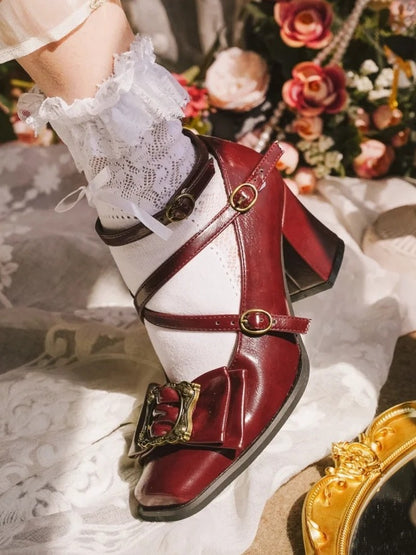 Crisscross Mid-Heel Square Schuhe Fashion Wine Design - Rot 1990er Jahre Zehe Vintage