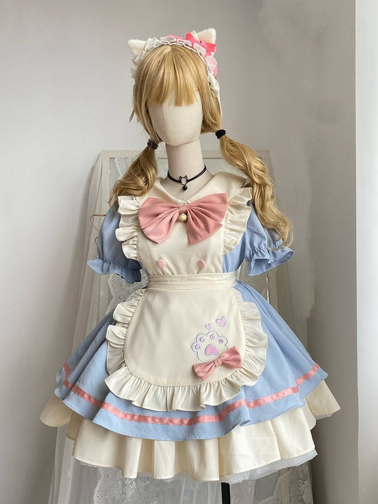 Pink and Blue Paw Apron Dress Lolita Sweet Maid Kitty Embroidery