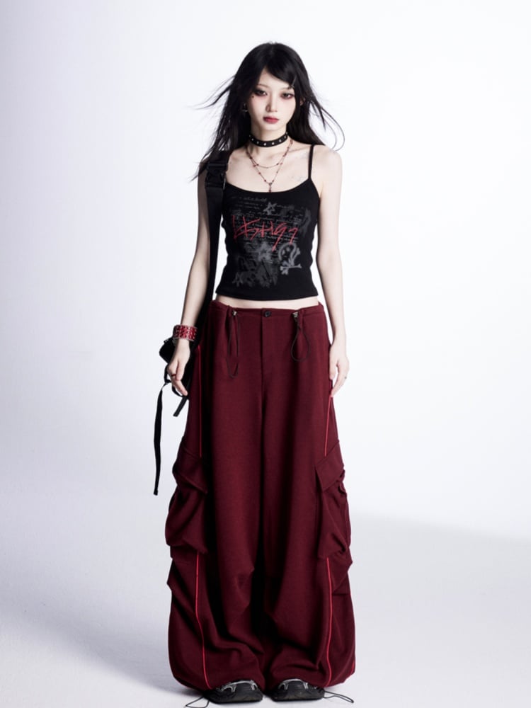 Waist Drawstring Cuffs Wide-Leg Cargo Pants Red Low