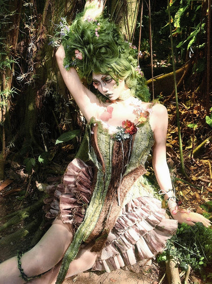 and Branch Corset Brown Forest Green Goth Fairy Asymmetrical Design