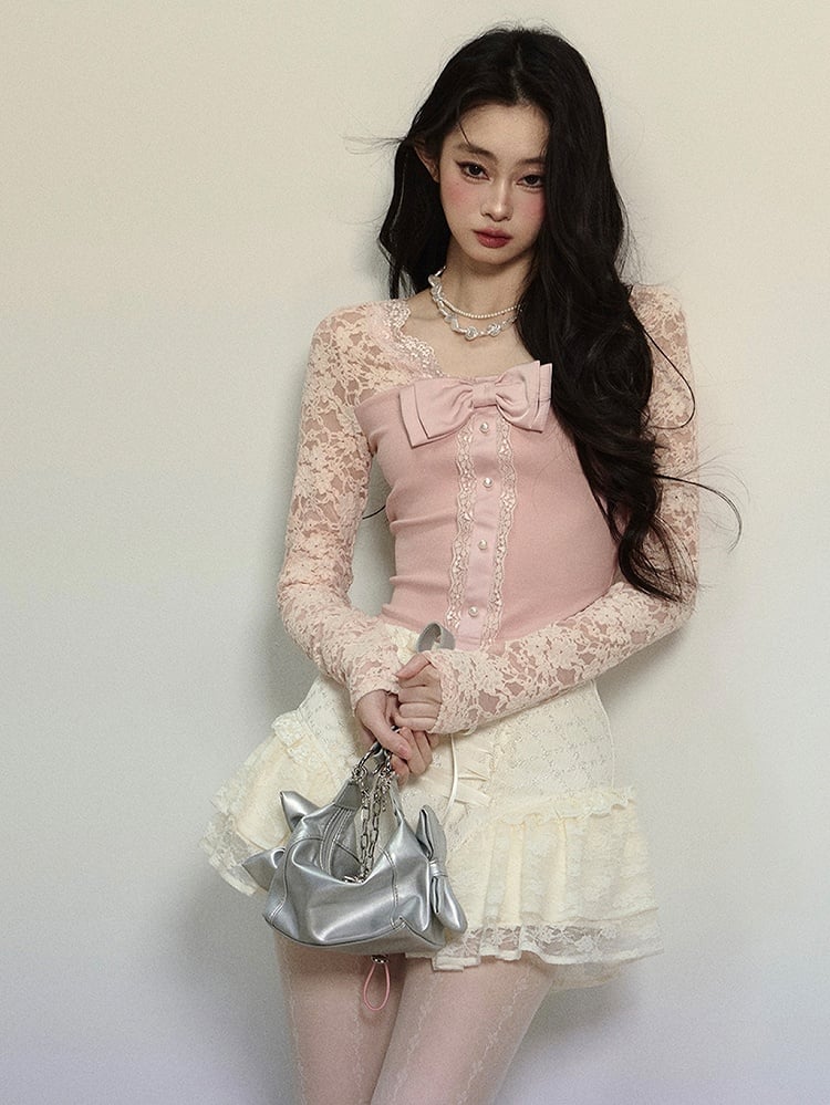 Pink Bowknot Details Lace Sleeves V-neck Knit Top