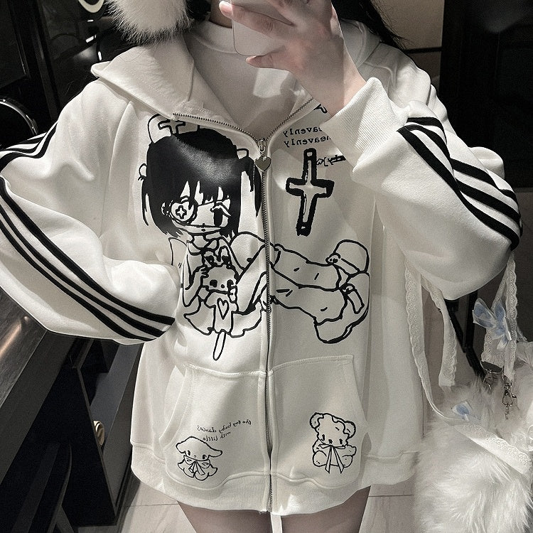 Jirai Kei White/Black Yami Kawaii Angel Girl Zip Hoodie