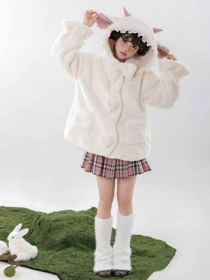 White Cute Lamb Ears Hooded Winter Cozy Plush Coat