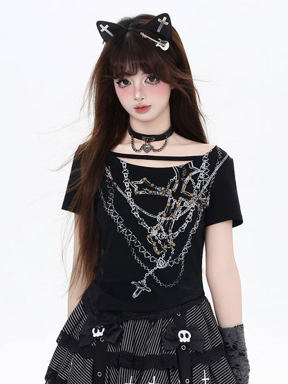 Cross Chain Print Glamorous Black Backless T-Shirt
