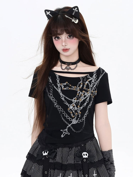 Cross Chain Print Glamorous Black Backless T-Shirt