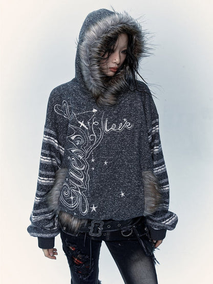 Black&White Plush Trim Striped Sleeves Hoodie