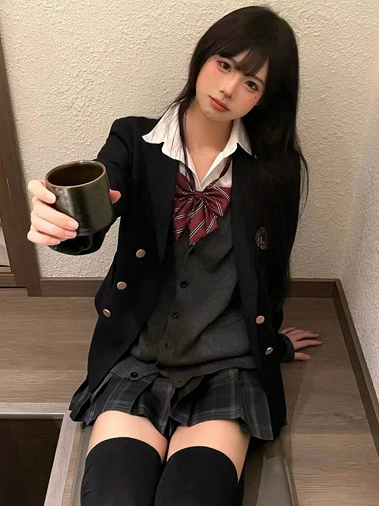 Blue JK Decorated Badge Uniform Dark Preppy Blazer Style